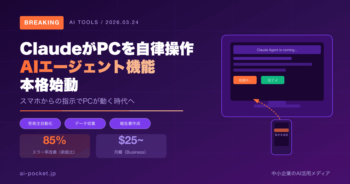 ClaudeがパソコンをAI操作!AIエージェント機能の使い方と活用事例【2026年3月】
